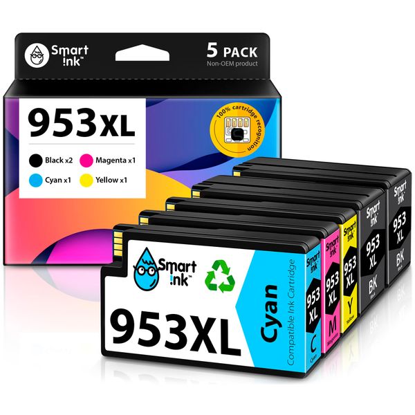 Smart Ink Compatible Ink Cartridge Replacement for HP 953XL 953 XL 5 Multipack (2 Black XL & C/M/Y) with Advanced Chip Technology to use with HP Officejet pro 7720 7730 7740 8710 8715 8720 Printer