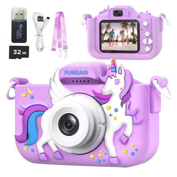 FUNKAM Kids Camera Toys for Girls and Boys Age 3-14, Kids Digital Camera Toddler Birthday Gifts,- HD 1080P - Video Camera with Cute Unicorn Protective Cover, 32GB SD Card, Lanyard & Pen drive (Purple)