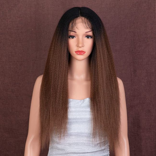 Style Icon Perücke Damen Perücke Braun Ombre Lace Front Wigs 60 cm glatt Kunsthaar Perücken mit Mittelscheitel synthetische Faser Filmansatz