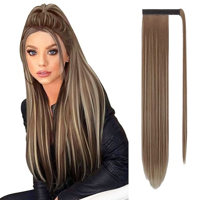 Sofeiyan Long Straight Ponytail Extension 30 inch Wrap Around Ponytail Synthetic Hair Extensions Clip in Ponytail Hairpiece for Women, Brown & Blonde