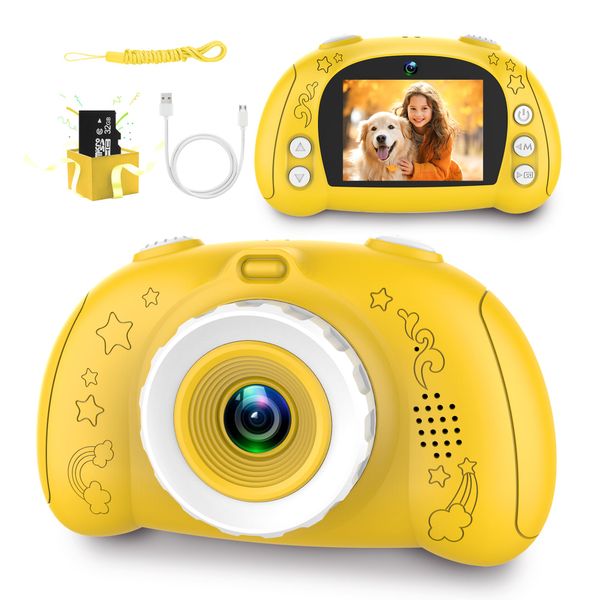 Kids Camera, Camera for Kids 3-12, Kids Digital Camera for Boys and Girls, with 32G SD Card, Toddler Camera with 2.4-Inch Screen for Kids at Birthday, Christmas (Pure Yellow)