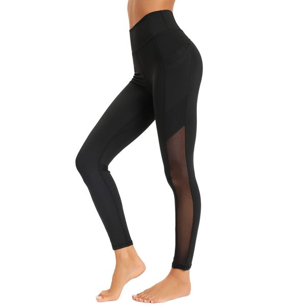 Dmwhsy Damen Mesh-Workout-Leggings mit Seitentaschen, Bauchkontrolle, Workout-Lauf-Leggings, hohe Taille, Yoga-Hose