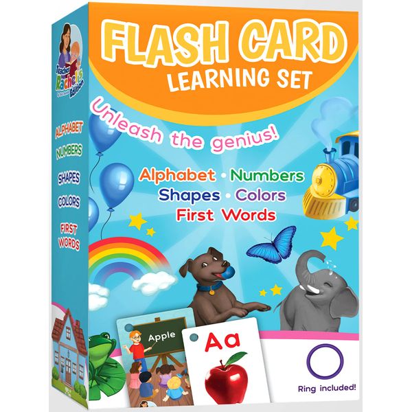 Teacher Rachel's Flashcard Set - First Words, Alphabet, Colors, Shapes, and Numbers - Pre K-K Educational Pocket Flashcards for Toddlers - Hole-Punched Cards with Ring Included