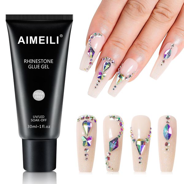 AIMEILI Nail Rhinestone Glue Gel, Super Adhesive Nail Gem Glue Nail Art Glue Adhesive Gel for Nail Glitter, Nail Art Gel Glue for Rhinestones Crystal Stones Jewels 30g