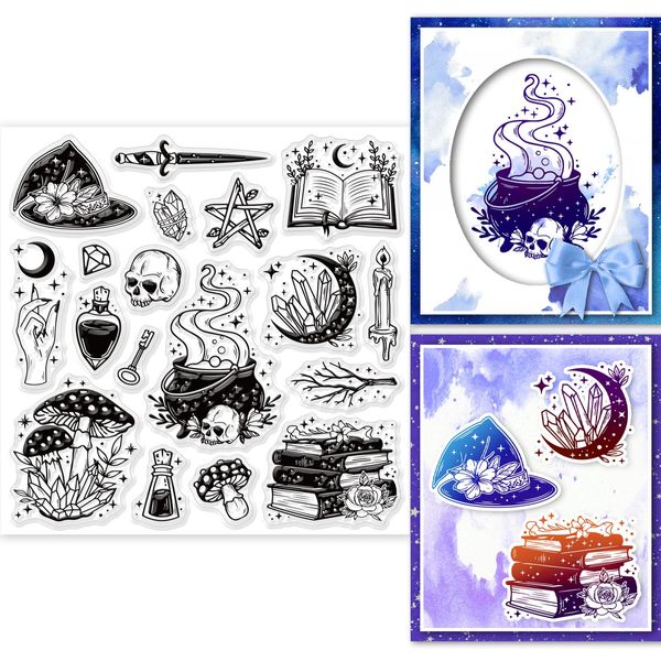 GLOBLELAND Magic Elements Clear Stamps Für DIY Scrapbooking Witch Book Hat Silikon Clear Stamp Seals 15x15 cm Transparente Stempel Für Kartenherstellung Fotoalbum Journal Home