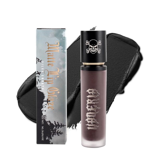 vaneria Flüssigkeit Matt schwarzer Lippenstift Matte Lip Gloss,Weihnachtstag Schwarz Glitzer Lippenstift,Feuchthaltender lila lippenstift,Ideal für Partys und einen Gothic-Look.(0.28 Oz,Schwarz)