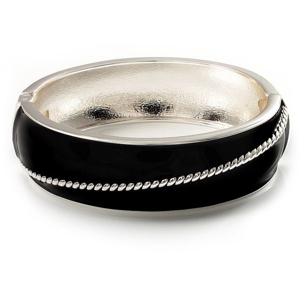 Avalaya Black Enamel Diagonal Hinged Bangle Bracelet/Silver Tone/Size M
