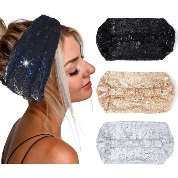 GORTIN Sequins Headbands Wide Headband Sparkle Twist Turban Head Wraps Rave Party Headpieces Stretchy Knotted Hair Bands Nightclub Head Band Glitter Hair Accessory for Women and Girls