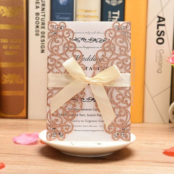 CYSKY 25 Pcs Laser Cut Wedding Invitations Cards with Ribbon Bow and Envelopes for Wedding,Engagement,Anniversary,Birthday Party (Gold)