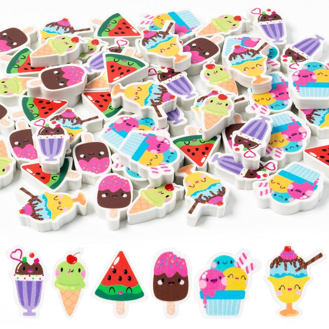 WATINC 60Pcs Ice Cream Mini Erasers for Kids Bulk Watermelon Chocolate Popsicle Pencil Rubbers Ice-Cream Balls Eraser School Teacher Prizes Homework Reward Summer Party Favors Goodie Bags Filler