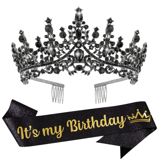 VELSCRUN Black Crystal Birthday Tiara Crowns for Women Girls It's My Birthday Sash Queen Girls Princess Crown with Combs Happy Birthday Party Decorations Mom Sisters Birthday Gift Hair Accessories