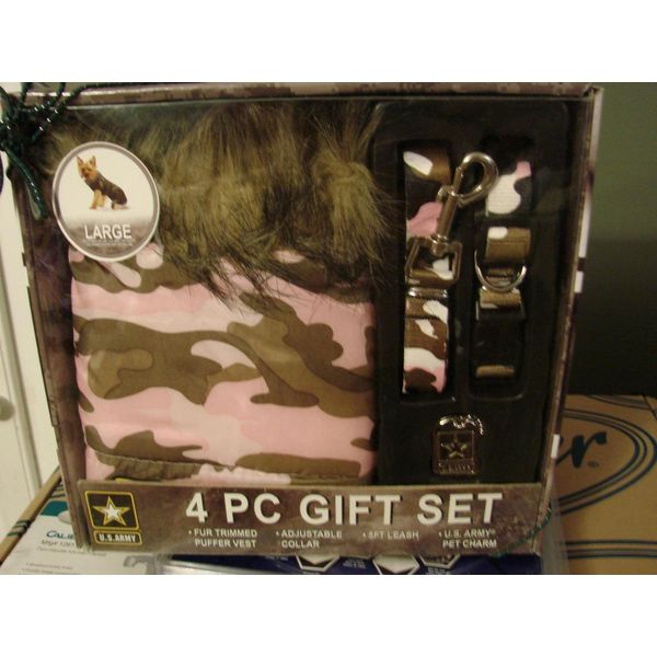 4 Piece US Army Dog Gift Set Puffer Vest, Collar, Leash, Pet Charm Large NEW