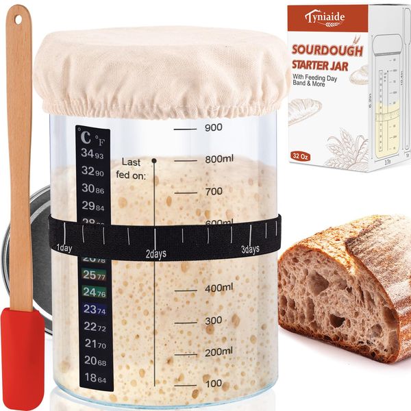 Tyniaide Sourdough Starter Jar Kit, 35 Oz/1000ML Sourdough Starter Jar With Thermometer, Silicone Scraper, Cloth Cover And Lid. Reusable Sour Dough Starter Jar