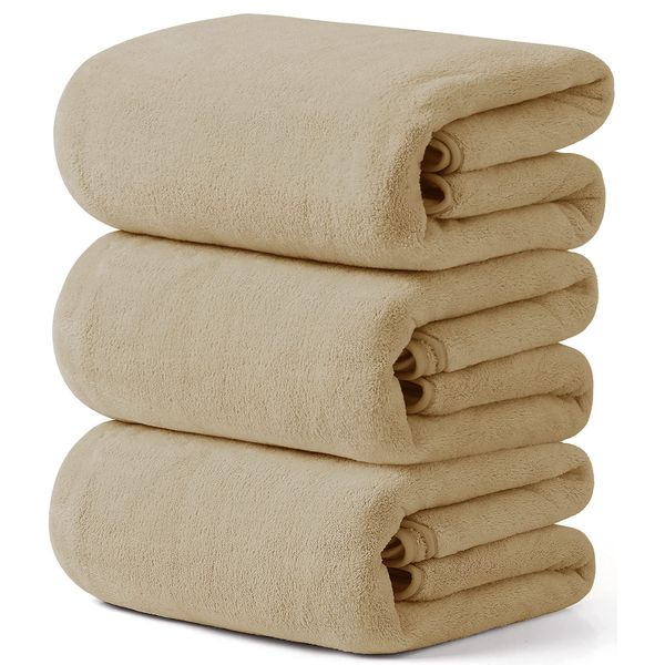 Bath Towel [HOSUR 3 Piece Towel Set, Beige] Fluffy, Texture, Absorbent, Quick Drying, Hotel Specifications, Beauty Towel, Commercial Use, Microfiber, Salon Towel, Bath Supplies, Approx. 23.6 x 47.2