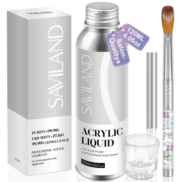 Saviland Professional Acrylic Liquid Set - 4.06fl oz Acrylic Nail Liquid with Acrylic Nail Brush Dappen Dish for Acrylic Application DIY Acrylic Nails Carving Nail Extension Home Salon Use