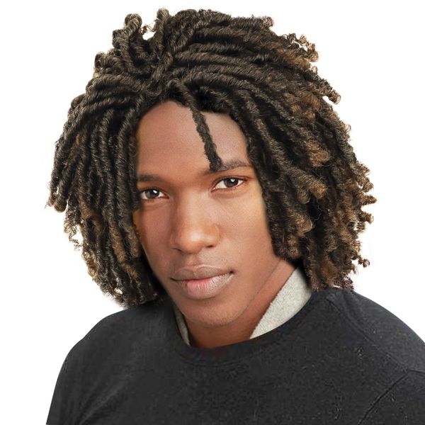 QUEENTAS Dreadlock Wigs for Women and Men Short Curly Big Afro Braided Wigs Faux Locs Twist Braiding Synthetic Wigs (Black/Brown)