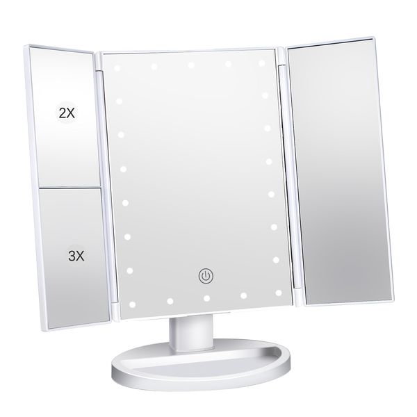 Vidafelic Makeup Mirror, Tabletop Makeup Mirror, 21 LED Magnifier, 2/3 Time, Brightness Adjustable, 180° Rotation, Battery & USB, 2-Way Power Supply, Three-sided Mirror, Tabletop Actress Mirror