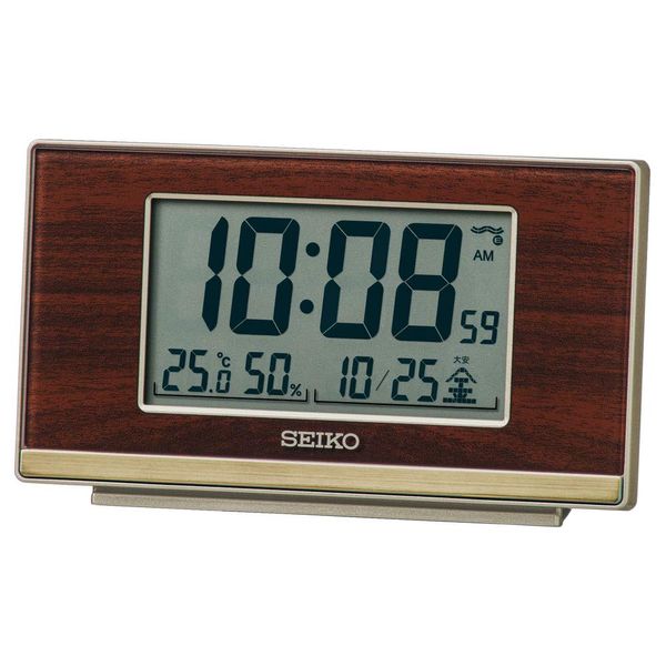 Seiko Clock SQ793B Wood Grain Table Clock, Body Size: 3.1 x 5.3 x 1.5 inches (7.8 x 13.5 x 3.8 cm), Alarm Clock, Radio Wave, Digital, Step-Down Snooze