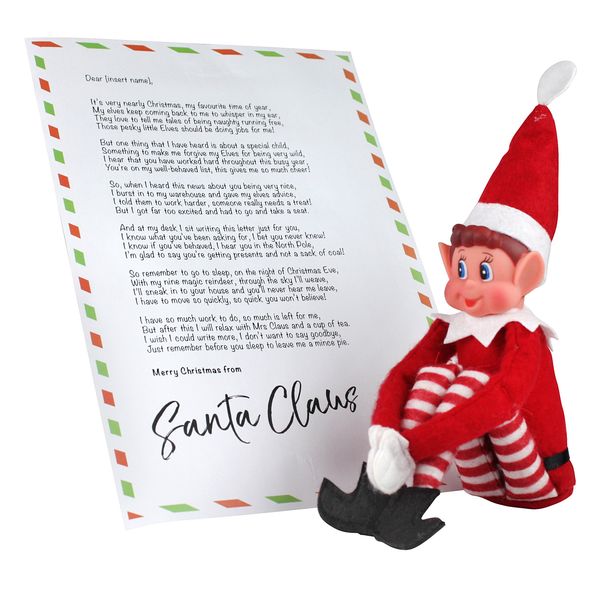 eBuyGB Elves Sitting on Shelves Elf with Personalised Letter Festive Christmas Elf and Keepsake Poem (Santa Letter)