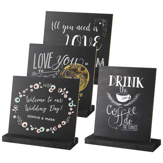 NUOLUX Menu Board, Tabletop, Mini Chalkboard Menu Stand, Double Sided, Shop Signs, Message Boards, Table Numbers, Wooden, Set of 4