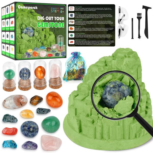 Gemstone Dig Kit (Unique Shape),Great STEM Science Kit for Kids- Excavate Your Own 12 Real Gemstones,Educational DIY Toys,Gem Digging Kit,Archaeology Geology Gifts for Boys & Girls Ages 6+