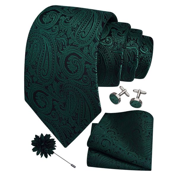 GUSLESON Emerald Green Tie for Men Paisley Wedding Silk Necktie Pocket Square Cufflinks and Lapel Pin Brooch Set (6103-13)