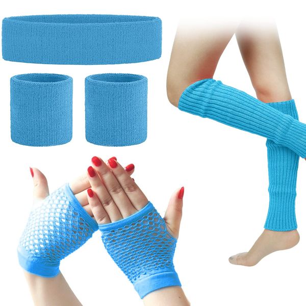 Leg Warmers Fishnet Gloves Headband Wristbands Neon Set, 80s Women Fancy Dress Costume Accessories, 1980s Retro Theme Party Costumes (Blue)