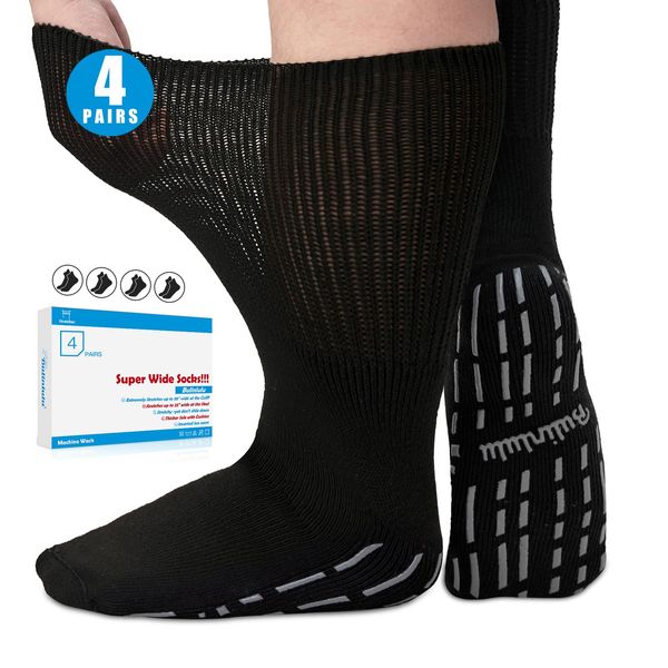 Bulinlulu Diabetic Socks for Swollen Feet - 4 Pairs Extra Width Non-Slip Cast Socks with Grips for Edema, Neuropathy, Lymphedema,Bariatric.