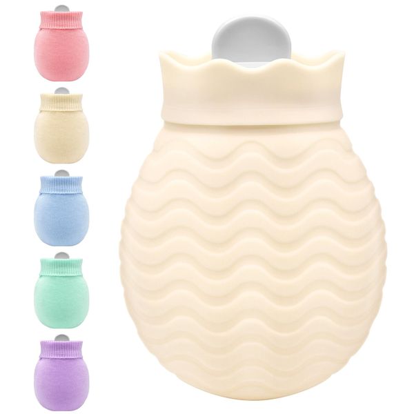 Hot Water Bottle with Cover, 320ml Mini Hot Water Bag for Back, Neck and Shoulders Pain Relief with Soft Cover Removable and Washable, Best Birthday, Christmas Gifts for Girls Women Kids Adults Beige