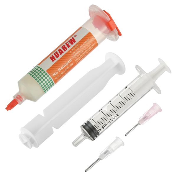 HUAREW 30ML No-Clean Solder Flux Syringe Flux Paste Lead-Free Solder Flux with 2 Metering Tools and Push Rod Syringe for LED SMD PCB BGA Electronic Soldering 30cc(1.62 oz/46 g)