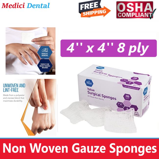 4x4 Non Woven Sponges 8-Ply, Non-Sterile Cotton Dental Surgical Gauze (200 Pack)