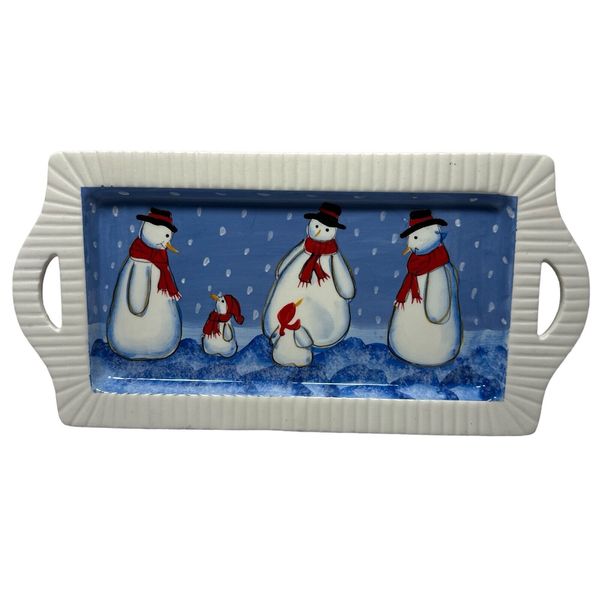 Ceramic Holiday Serving Tray Platter W Handles Snowmen Painting by Alan Lathwell