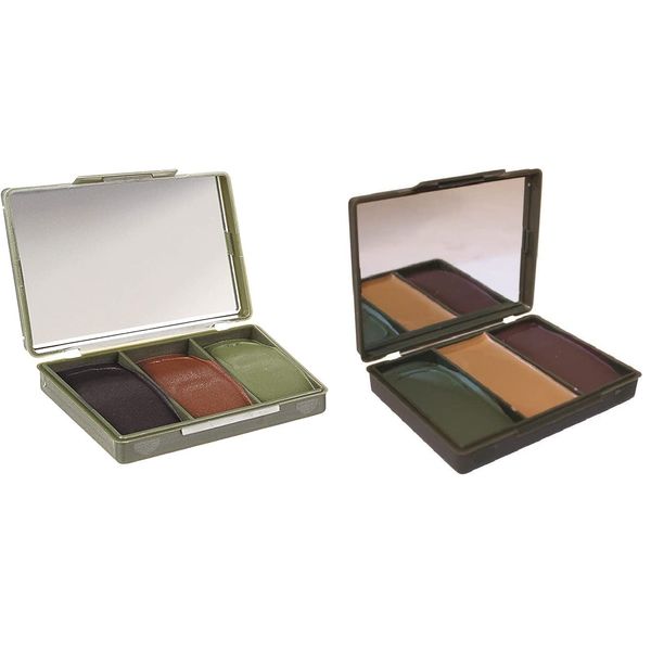 Set of 2 Camouflage Make-Up Camouflage with Mirror Make Up Cream 3 Colours Black Olive Brown/Khaki Olive Brown, NATO Approved Chameleon Camouflage Survival Military Army + Free Lucky Sticker