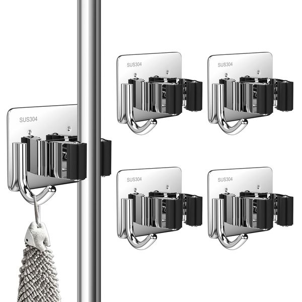 3-H Besenhalterung Wand Selbstklebend, 4 Stück Gerätehalter Besenhalter ohne Bohren, Edelstahl Besen Wandhalterung mit Haken, Gartengerätehalter, Werkzeughalter für Küche, Badezimmer, Garten, Balkon