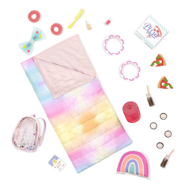 Glitter Girls – Sleepover Party & Backpack Set – Tie-Dye Sleeping Bag, Rainbow Pillow & Pizza Play Food – 14-inch Doll Accessories for Kids Ages 3 and Up – Children’s Toys