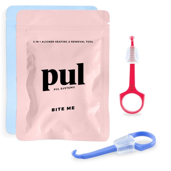 PUL 2 in 1 Chewies & Clear Aligner Removal Tool Combo by The Pultool | Compatible with Invisalign Removable Braces & Trays, Aligners, Retainers, & Dentures | Hygienic, Durable, Compact (Pink + Blue)