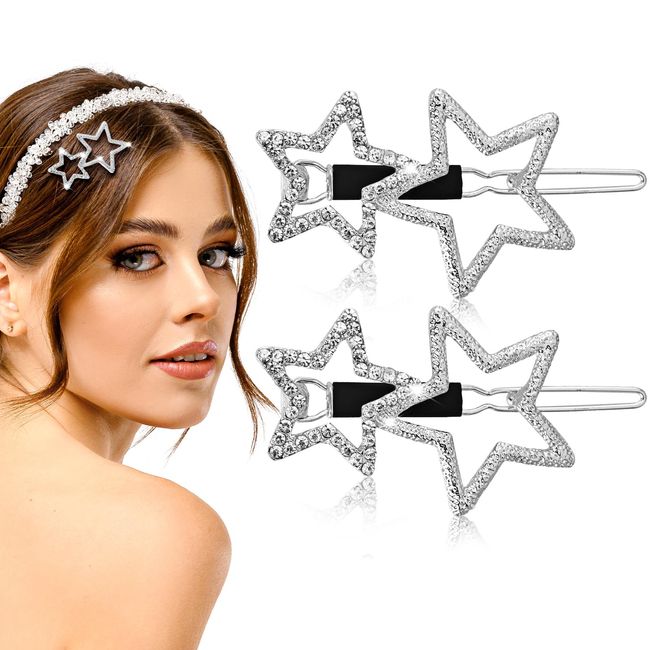 Ouligay 2PCS Star Hair Clips Pins Hollow Star Hair Clips Silver Star Hair Barrettes Non-Slip Metal Geometric Hairpin Rhinestone Hair Pins for Women Girls Styling Hair Accessories