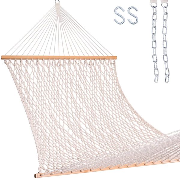 Lazy Daze 13FT Double Rope Hammocks, Traditional Hand Woven Cotton Hammock with Hardwood Spreader Bar for Outdoor, Indoor, Patio, Yard, Poolside for Two Person, Max 450 Lbs, Natural
