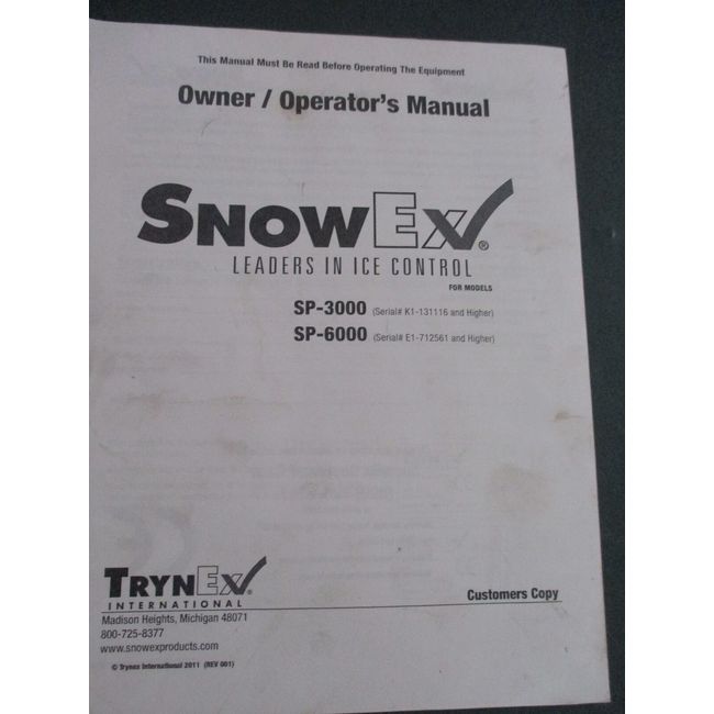 SNOW-EX SP-3000 SP-6000 Salt Spreader Operation & Maintenance Manual