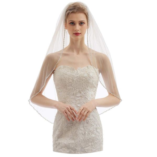 ELAWBTY Womens 1 Tier Fingertip Length Short Crystal Beaded Wedding Bridal Veil With Comb X09 Ivory