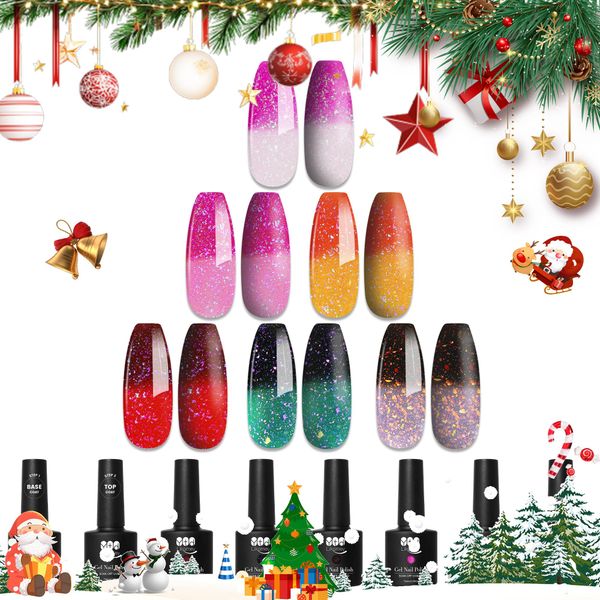 YTD Likomey Nail Gel Color Gel with Nail Gel Base Coat and Top Coat Set,Color Changing Gel Mood Temperature Change Colors,Autumn Winter Christmas Red Green Pink Black Thermal Ombre Gel,8 Pcs 7.5 ml