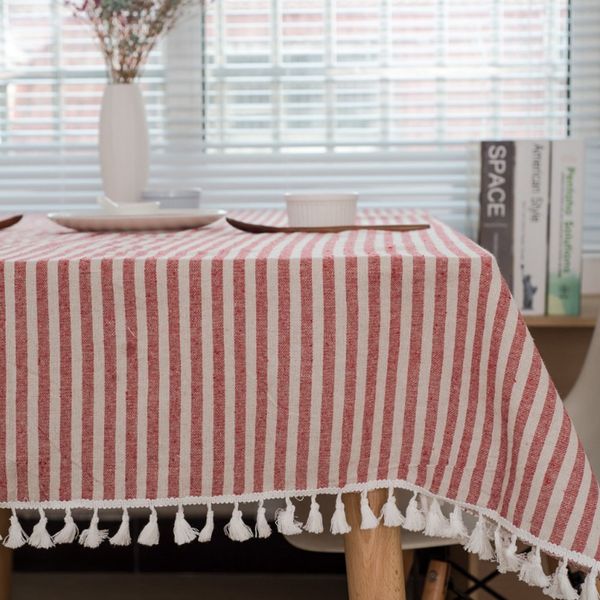 meioro Tablecloths Striped Tassel Table Cloth Rectangular Tablecloth Cotton Linen Table Cover Suitable for Home Kitchen Decoration (Red/White Stripes, 130×180cm)