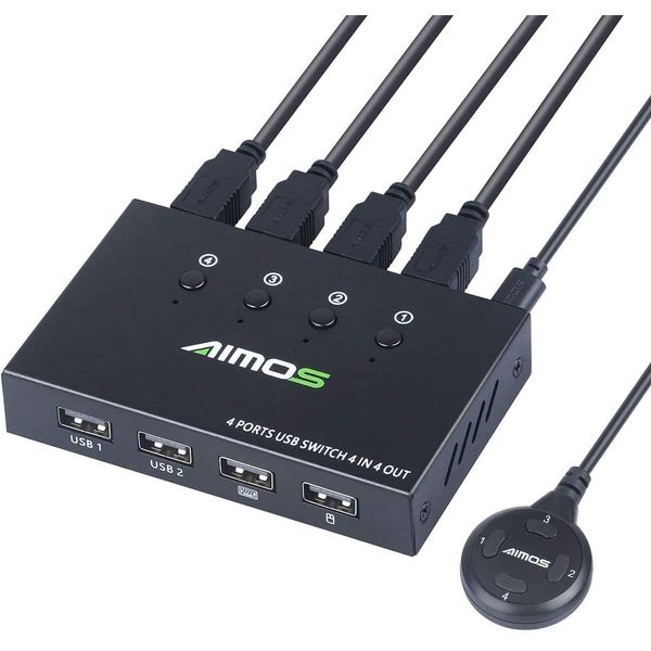 USB Switch 4 Computers, 4 Port USB Switch Selector to share 4 USB devices, Keyboard Mouse Switch, Mac/Windows/Linux Compatible USB Switcher, Wired Remote and 4 USB Cables Included