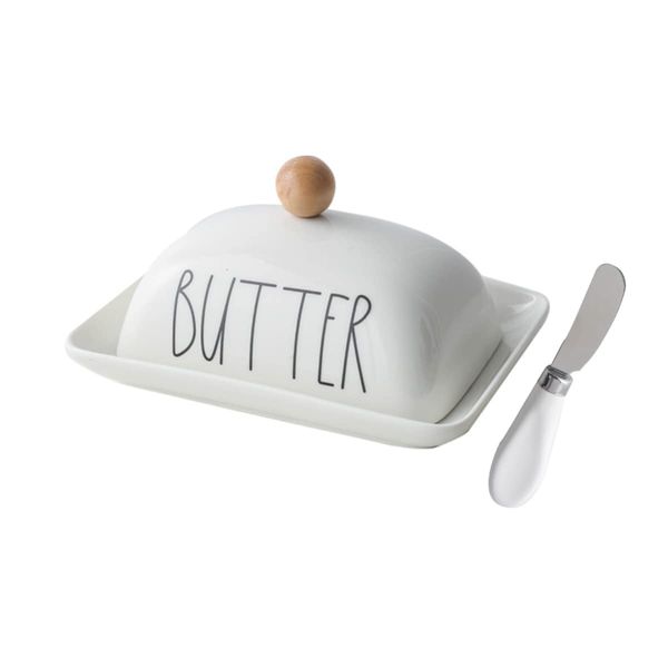 Farmhouse Decorative Kitchen Countertop Porcelain Butter & Cream Cheese Dish with Lid,Butter Keeper with Cover for East West Coast Butter,White