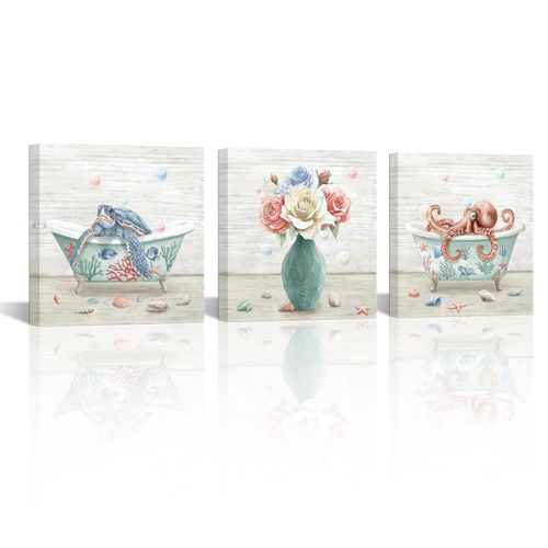 Saypeacher Bathroom Decor Bathtub Flowers Wall Art Sea Turtle Wall Decor Octopus Pictures Shell Coral Canvas Painting Artwork