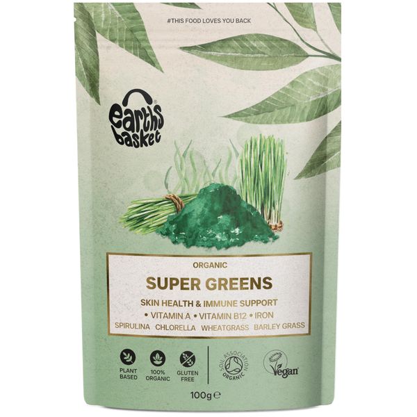 Earths Basket Organic Super Greens Powder 100g (Blend of Spirulina Powder, Chlorella Powder, Wheatgrass Powder & Barley Grass Powder - Vitamin A, B12 & Iron)