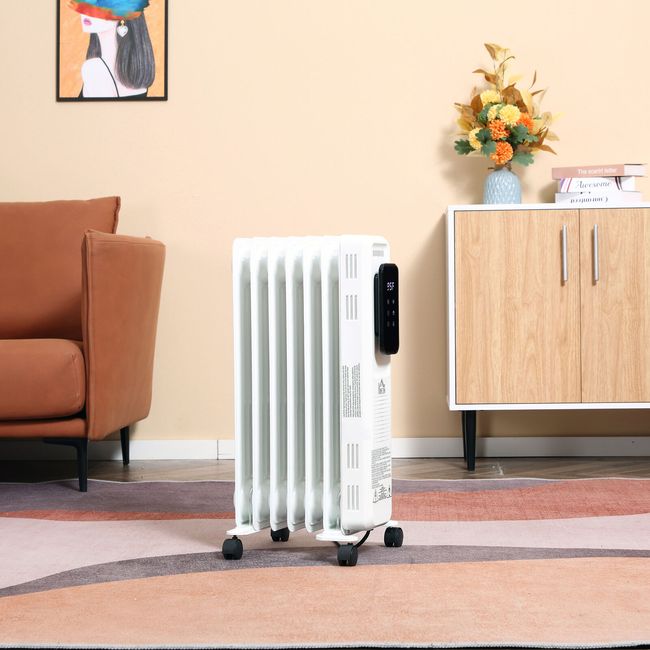 1500W 7-Fin Oil Filled Radiator Electric Space Heater w/ Remote & Wheels, White