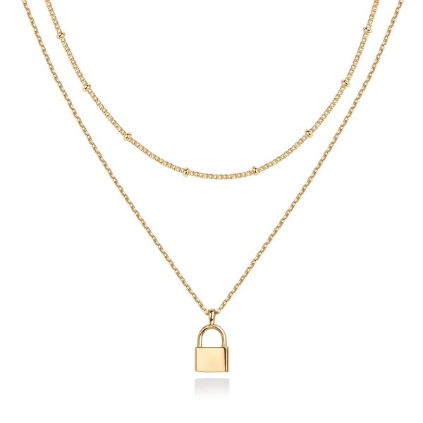 PAVOI 14K Gold Plated Layered Lock Pendant Necklace | Layering Necklaces for Women | Dainty Minimalist Design Pendant (Lock, Yellow Plated)