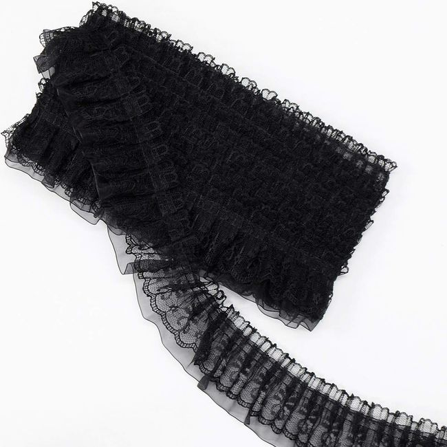 MYmama 2-Tier Ruffle Lace, Approx. 2.2 inches (55 mm), Width 1.7 ft (4.5 m), Organza Raschel Lace, (Black)