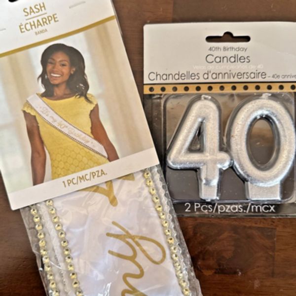 40th Candles & "It's My 40th Birthday" White Satin Sash with Rhinestone Bling
